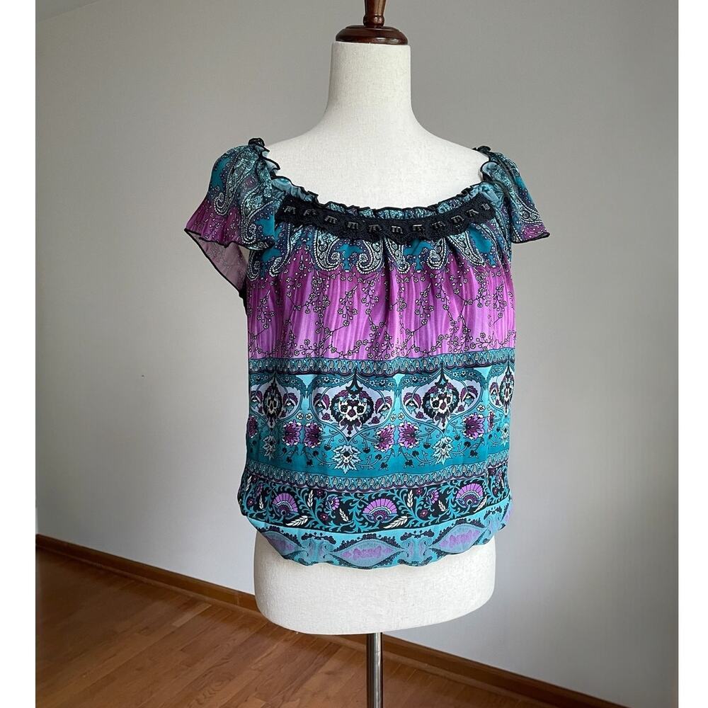 Y2K Wrapper Paisley Floral Beaded Top Womens S Blue Purple Beaded Flutter Sleeve
